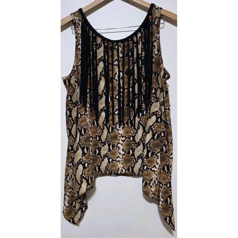 JUDITH MARCH BOHO BLACK SNAKE PRINT TUNIC TANK‎ LEATHER FRINGE SZ L WEATERN EUC